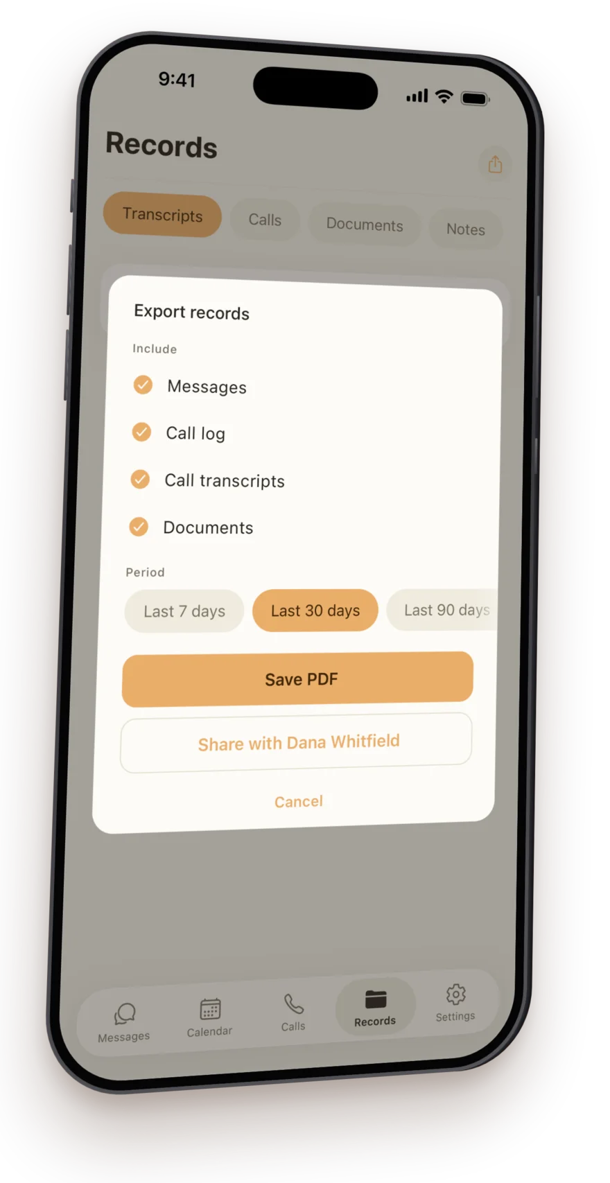 Trestle export sheet sharing records with a family law professional